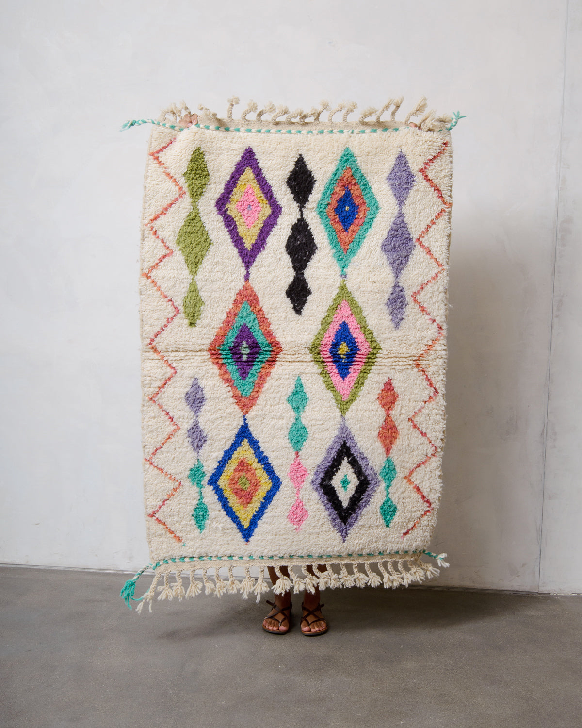Modern, designer, handcrafted Berber rug from Morocco. Beniourain carpet with beautiful colours and patterns and fluffy wool texture.